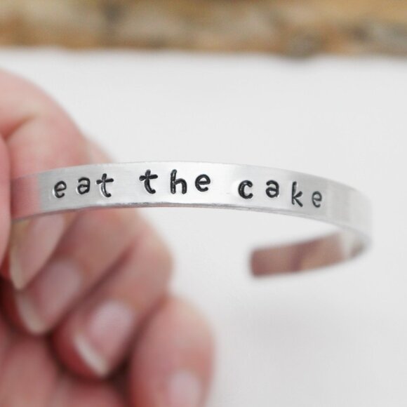 Eat The Cake - Hand Stamped Anodized Aluminum Bangle - Adjustable - Picture 4 of 11